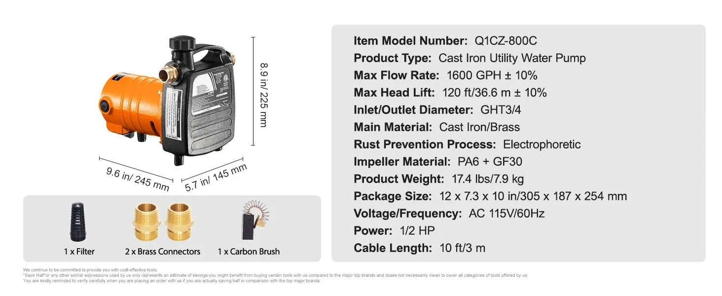 Cast Iron Water Transfer Pump 1/2HP 1600 GPH High Flow Utility-US / United States