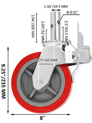 8" Polyurethane Swivel Caster Wheels Set of 4 with Brakes 3200 lb