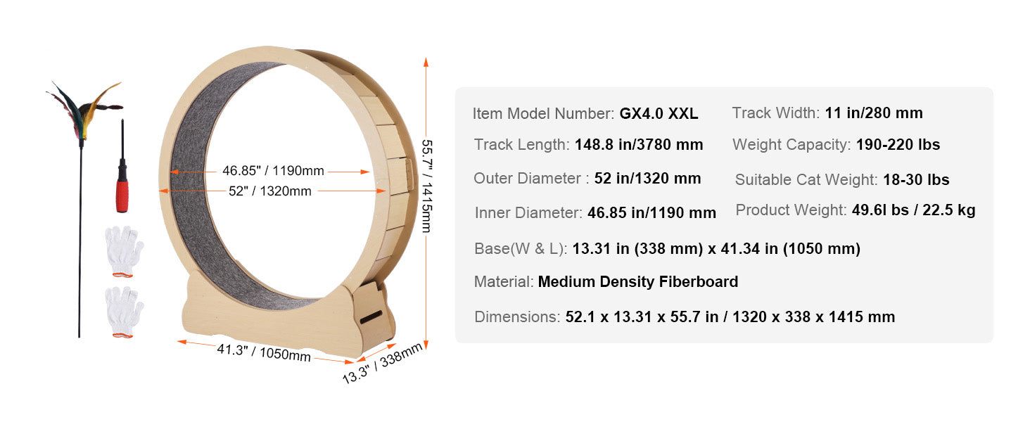 Wooden Cat Exercise Wheel with Detachable Carpet and Cat Teaser