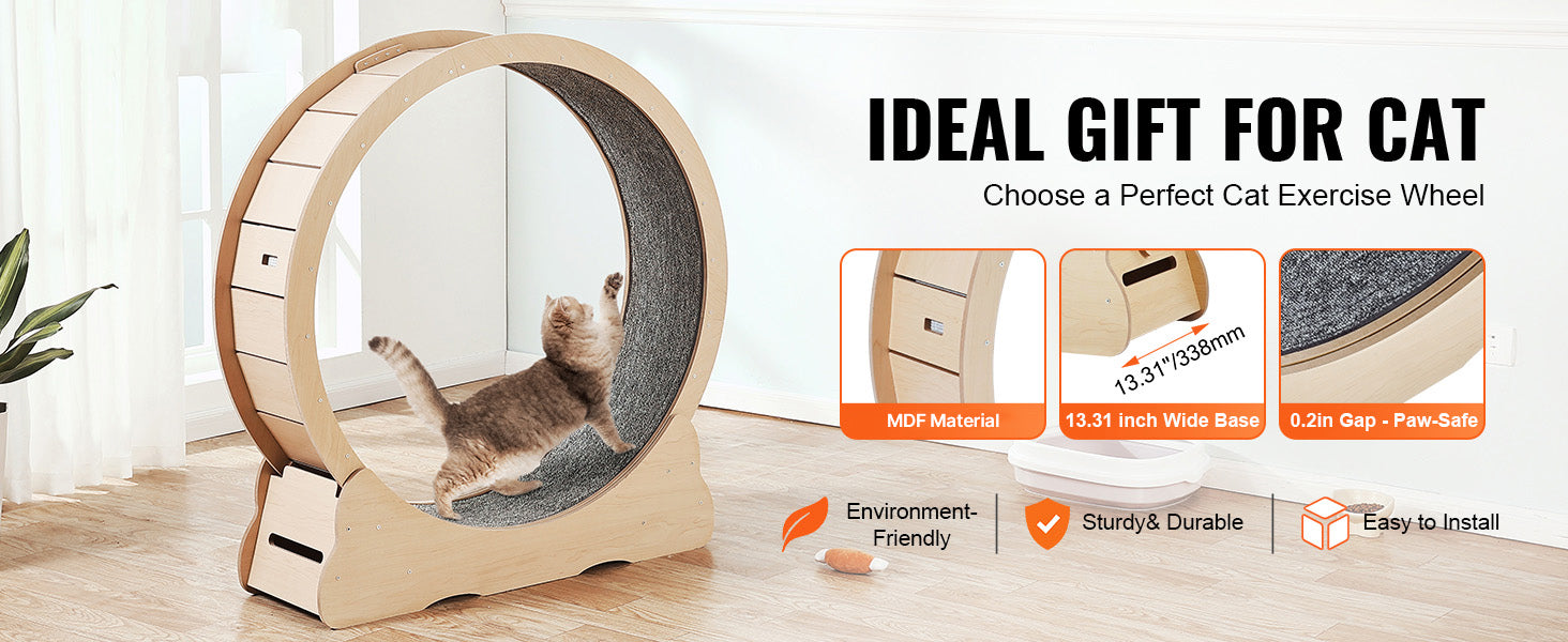Wooden Cat Exercise Wheel with Detachable Carpet and Cat Teaser