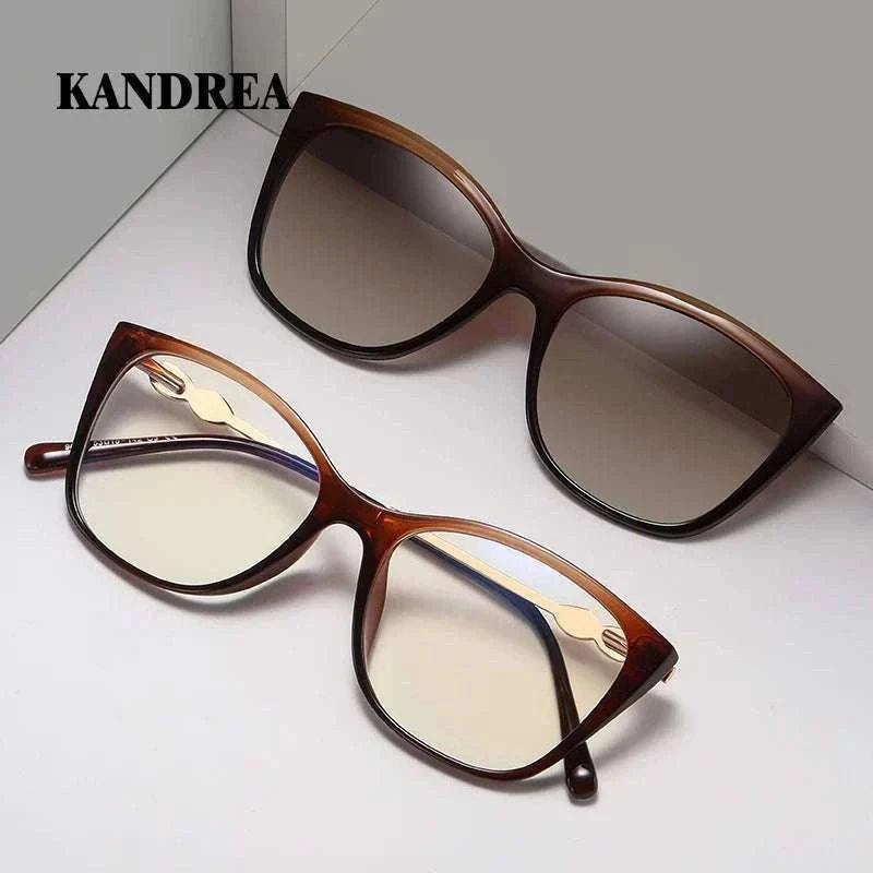Cat-Eye Prescription Glasses with Magnetic Clip-On Sunglasses-C6 / Progressive / 1.56|Anti Blue Ray