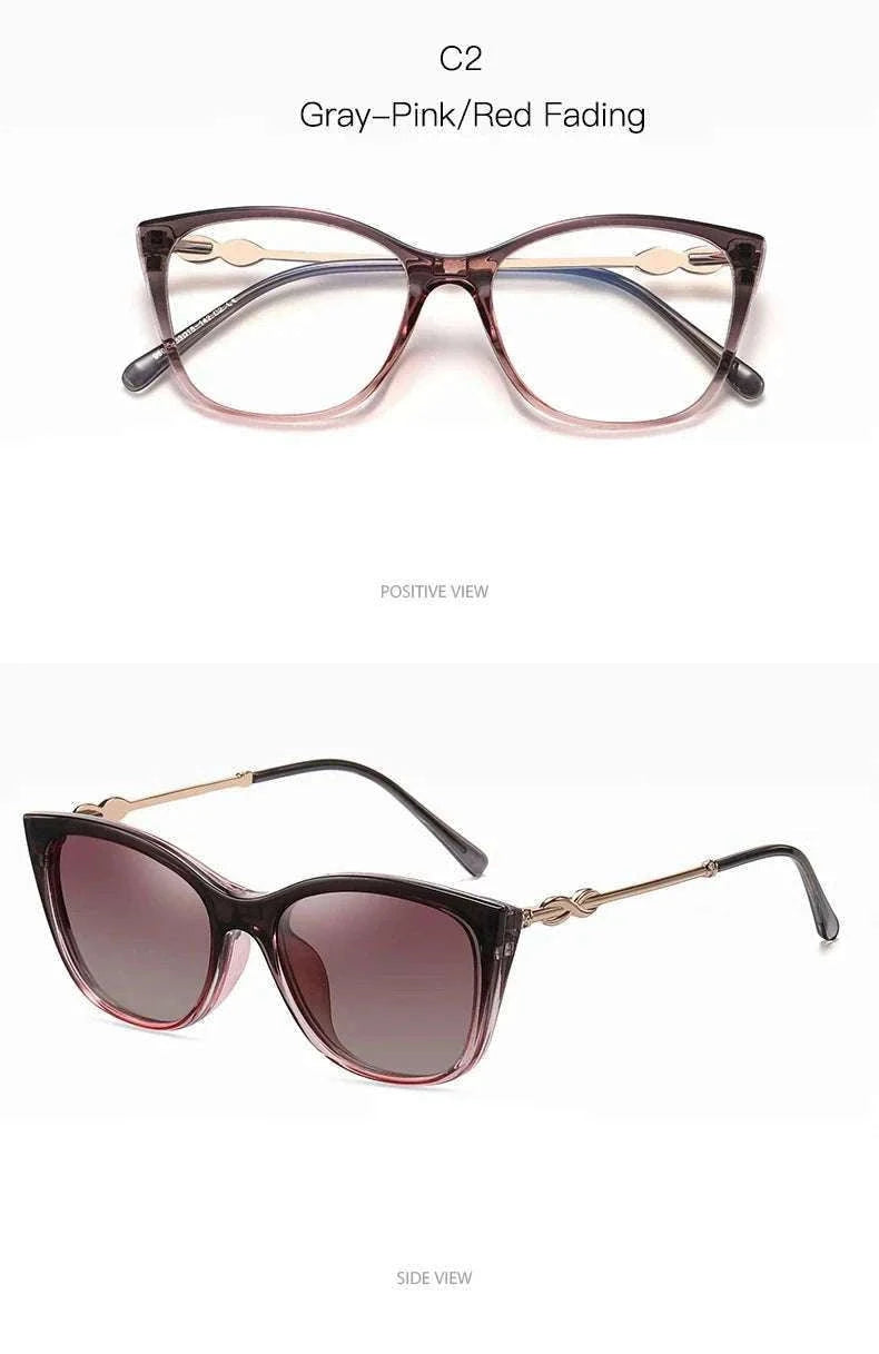 Cat-Eye Prescription Glasses with Magnetic Clip-On Sunglasses-C6 / Progressive / 1.56|Anti Blue Ray