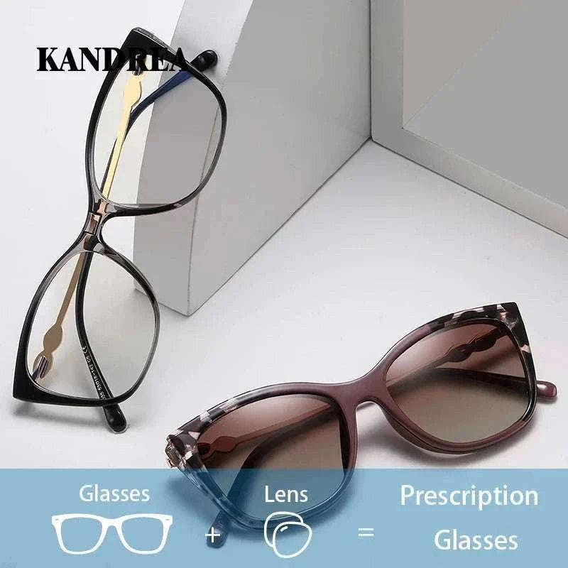 Cat-Eye Prescription Glasses with Magnetic Clip-On Sunglasses-C6 / Progressive / 1.56|Anti Blue Ray