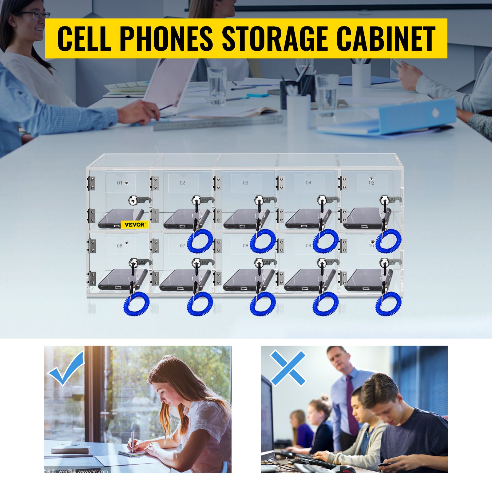 Lockable Cell Phone Storage Locker with 10/20 Slots Acrylic Cabinet