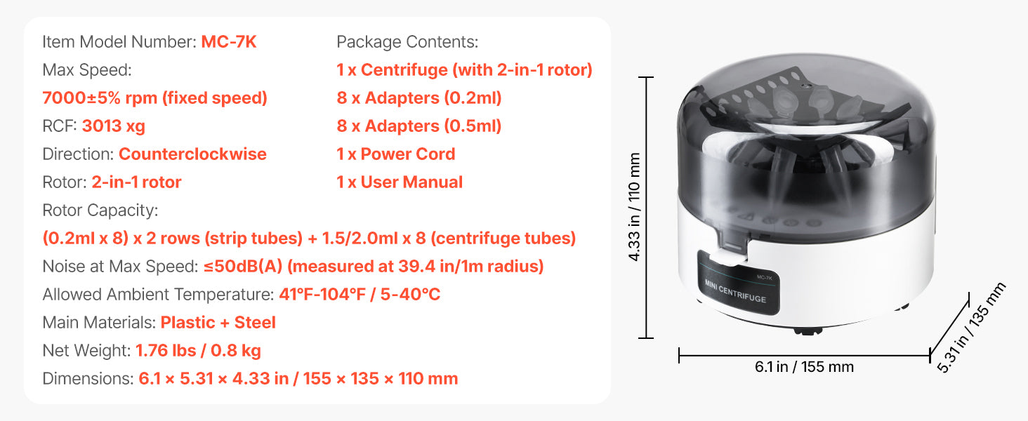Mini centrifuge 7000 tr/min 3013xg avec rotor 2-en-1 pour tubes de laboratoire