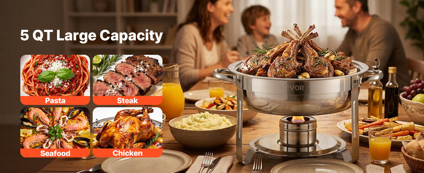 SucceBuy 5 Qt 2 4-pak rund buffetvarmer i rustfrit stål med 4 fuld størrelse fade, cateringvarmer til fest