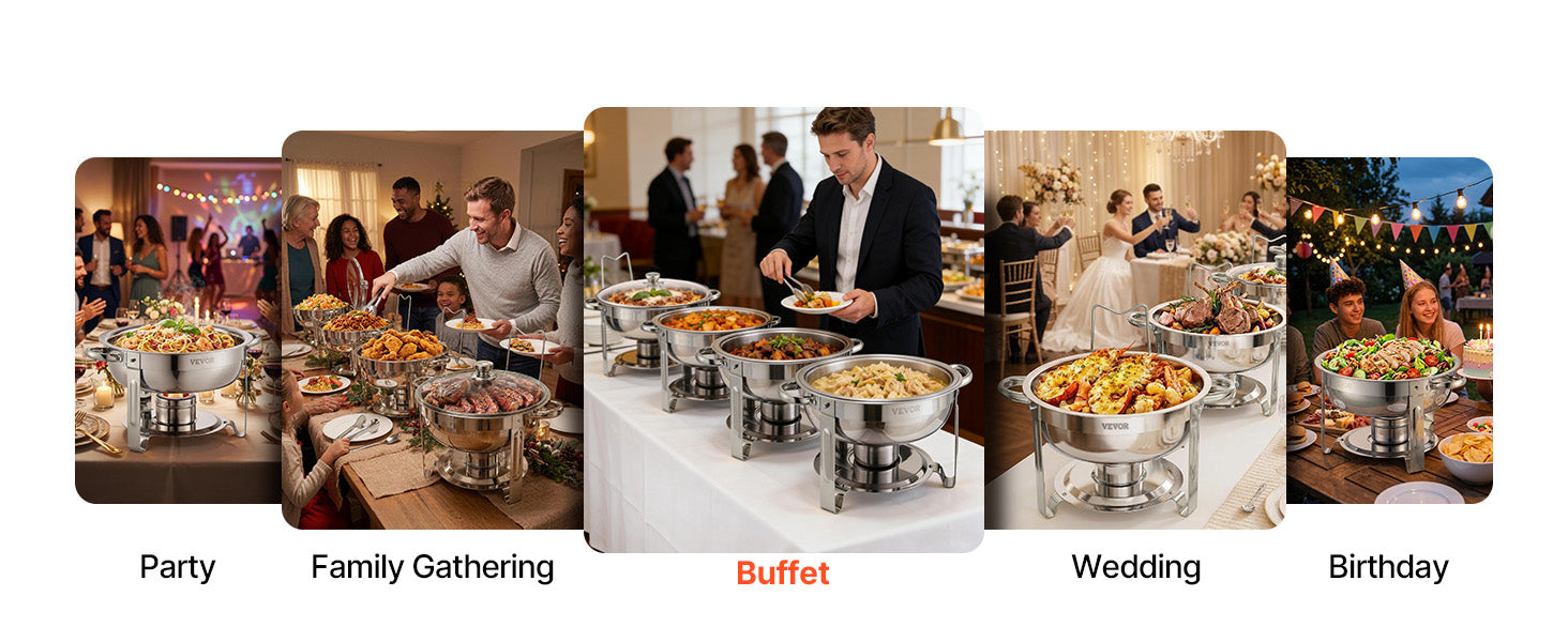 SucceBuy 5 Qt 2 4-pak rund buffetvarmer i rustfrit stål med 4 fuld størrelse fade, cateringvarmer til fest