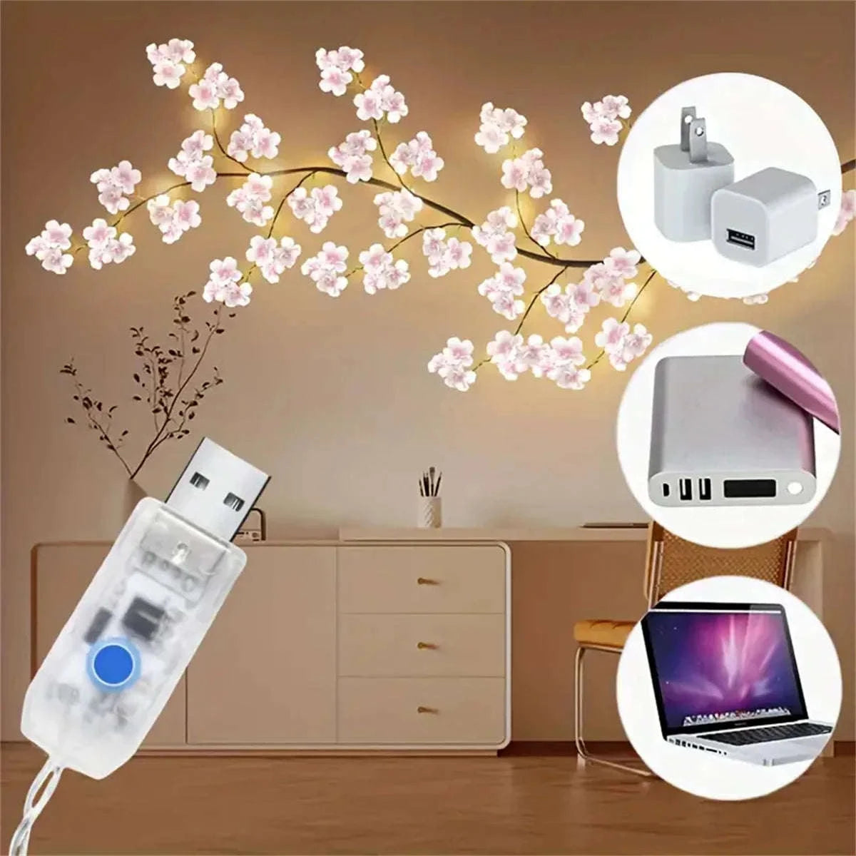 Cherry Blossom 96 LED USB Tree Branch Rattan Lights-warmwhite