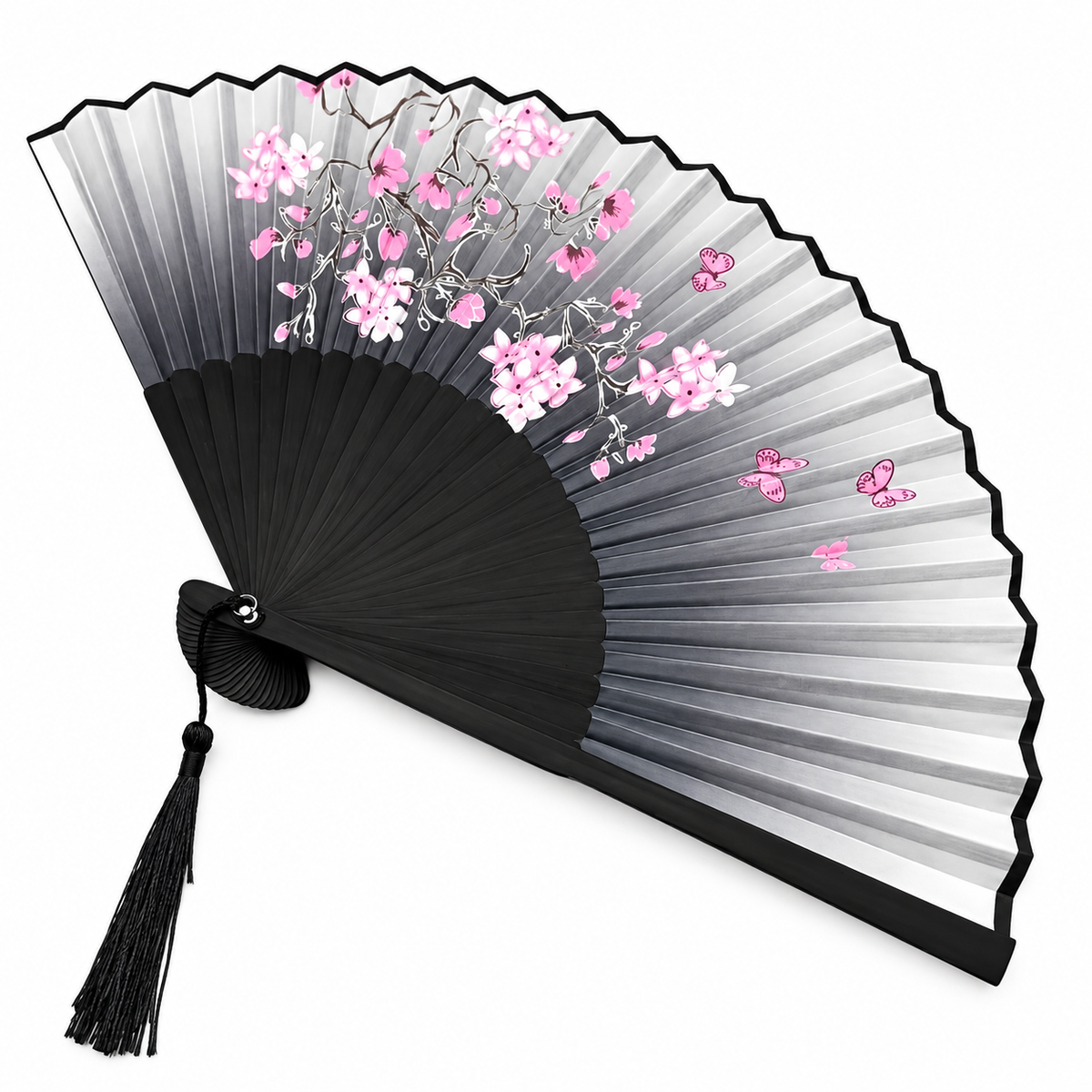 Vintage Floral Cherry Blossom Hand Fan, Pink and Purple Artwork on white background