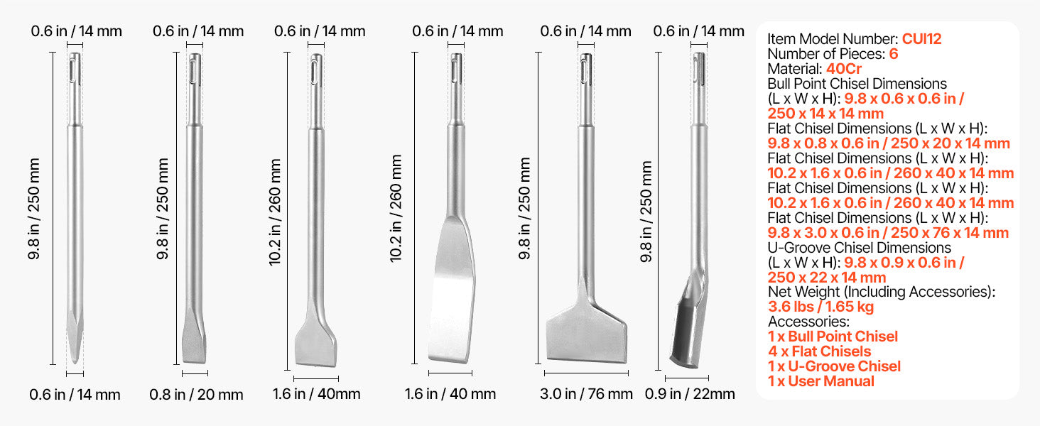 SucceBuy SDS Plus Chisel Set 4/6pcs SDS Plus Rotary Hammer Drill Attachments Includes Point Flat Sharp Edge for Demolition Brick