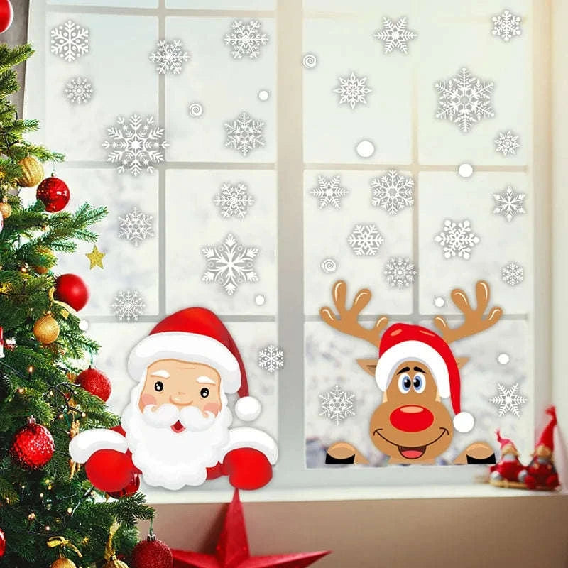 Christmas Window Stickers Cartoon Santa Claus & Snowflakes-D