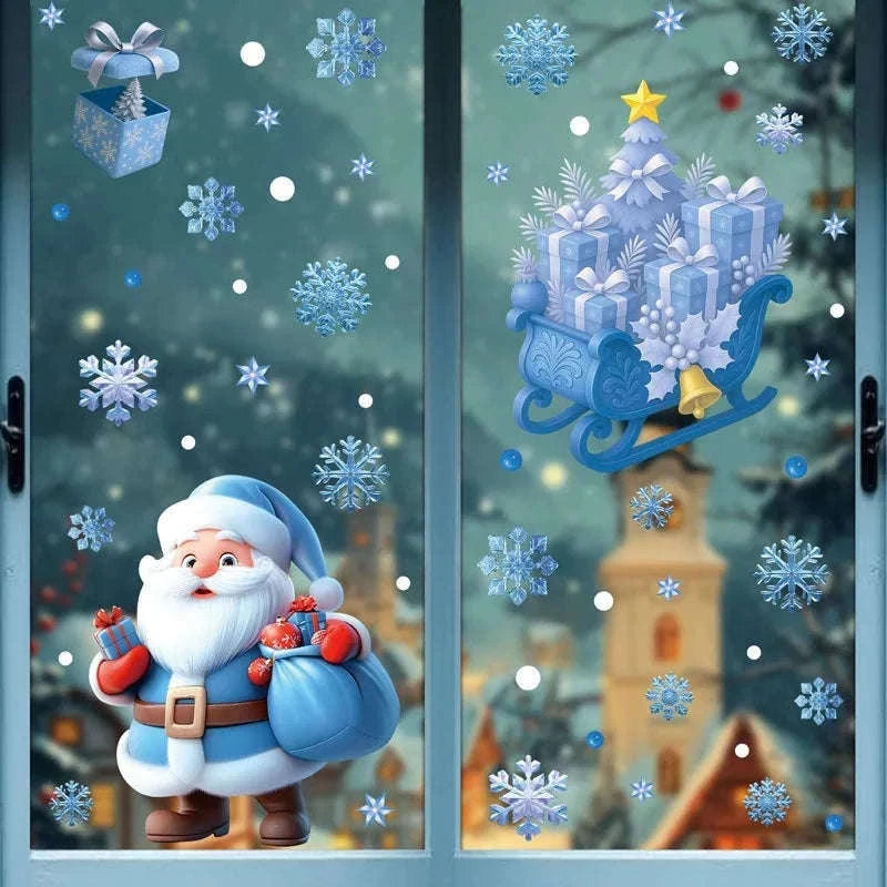 Christmas Window Stickers Snowman & Santa Static Cling Decor-E