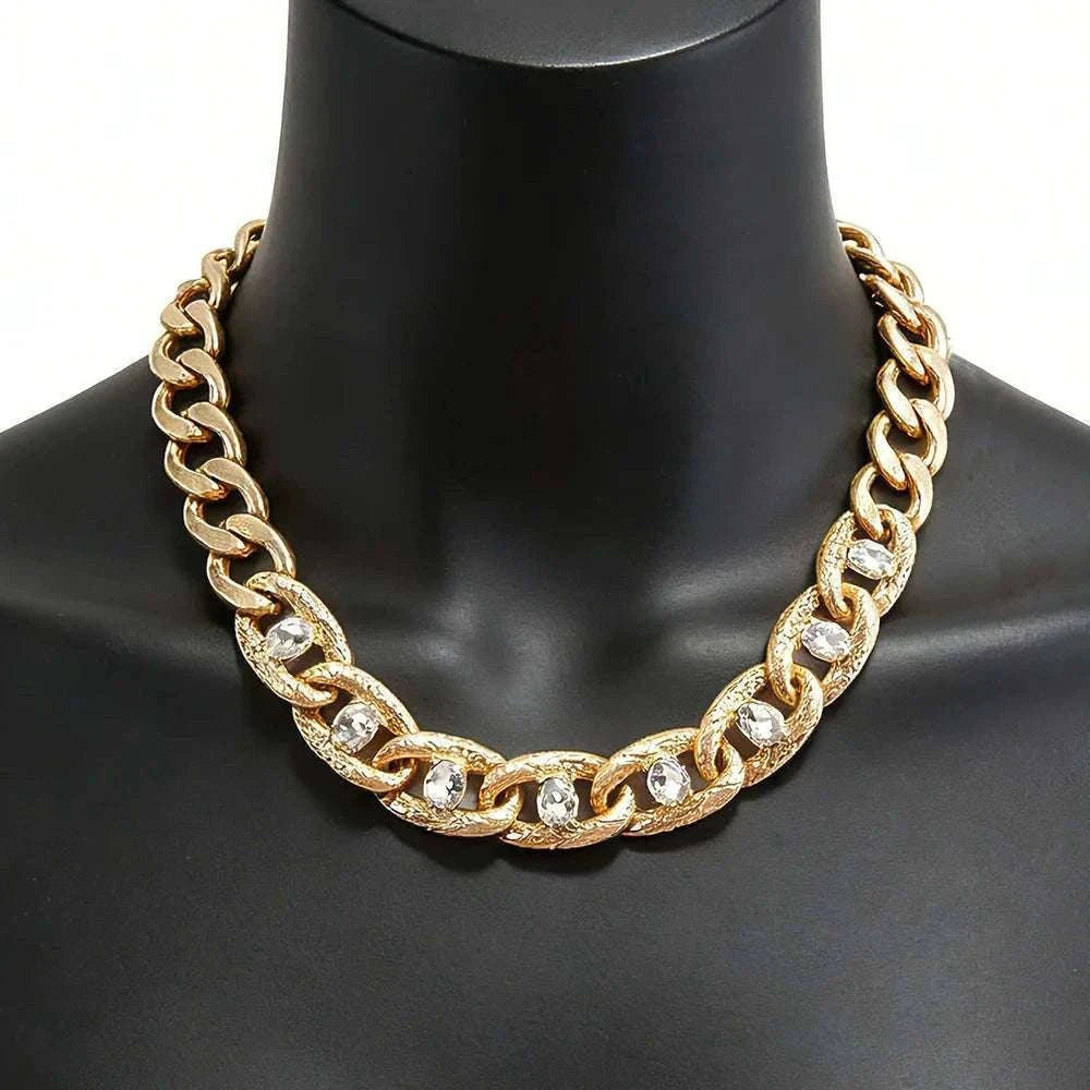 Chunky Gold Curb Chain Necklace with Crystal Accents Adjustable Fit-MY250900015G224