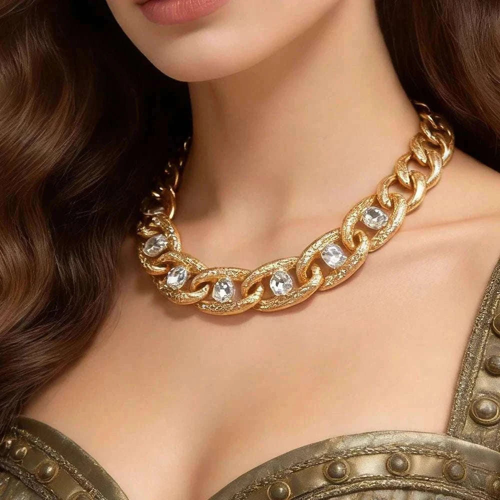 Chunky Gold Curb Chain Necklace with Crystal Accents Adjustable Fit-MY250900015G224