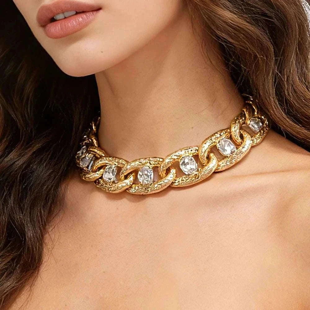 Chunky Gold Curb Chain Necklace with Crystal Accents Adjustable Fit-MY250900015G224