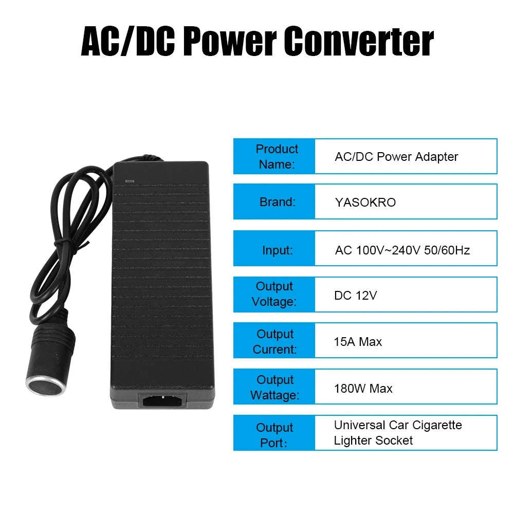 Cigarette Lighter Converter AC/DC 110V/220V to 12V 15A Power Adapter-US Plug