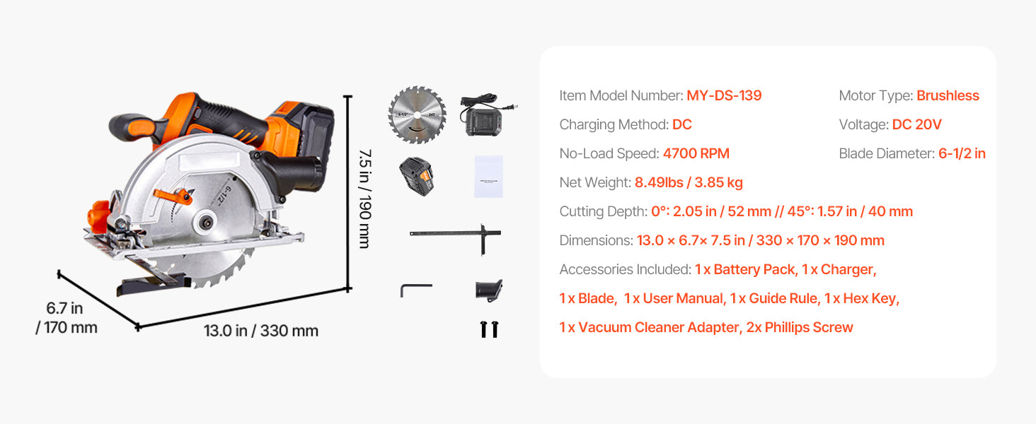 20V Cordless Circular Saw 4700 RPM 6-1/2" Blade with Battery