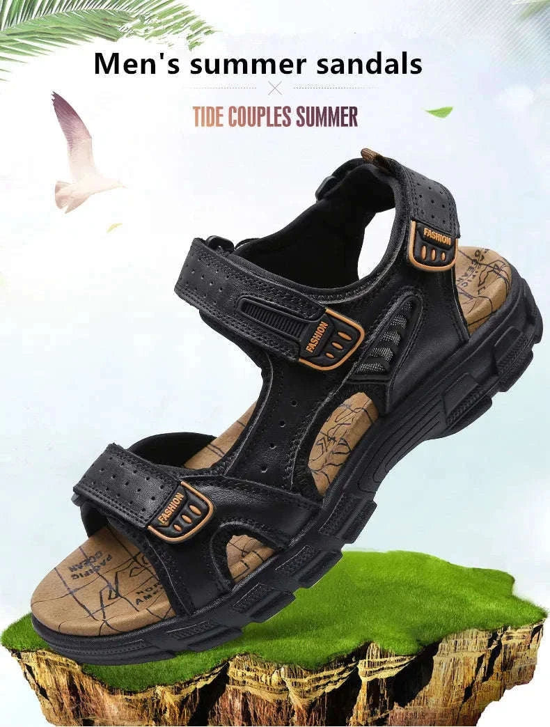 Classic Men's Genuine Leather Gladiator Sandals-Black / 6.5
