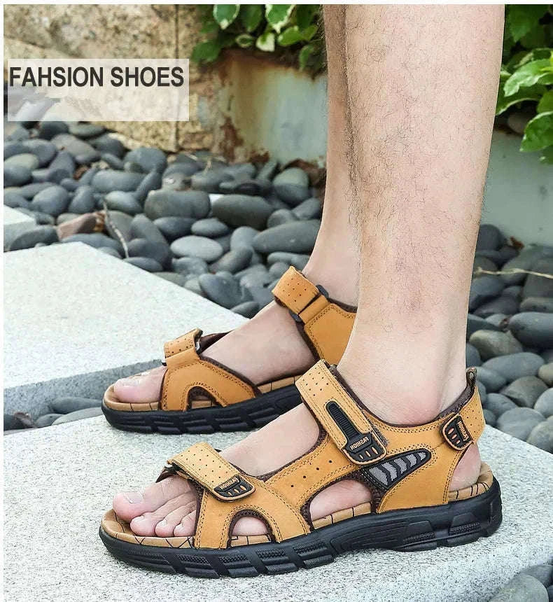 Classic Men's Genuine Leather Gladiator Sandals-Black / 6.5