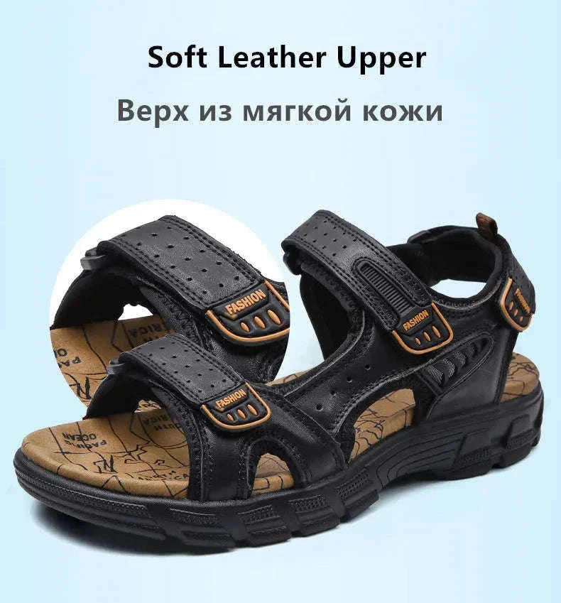 Classic Men's Genuine Leather Gladiator Sandals-Black / 6.5