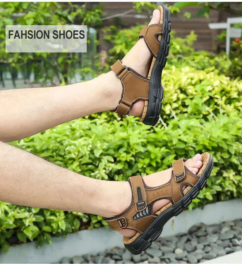 Classic Men's Genuine Leather Gladiator Sandals-Black / 6.5