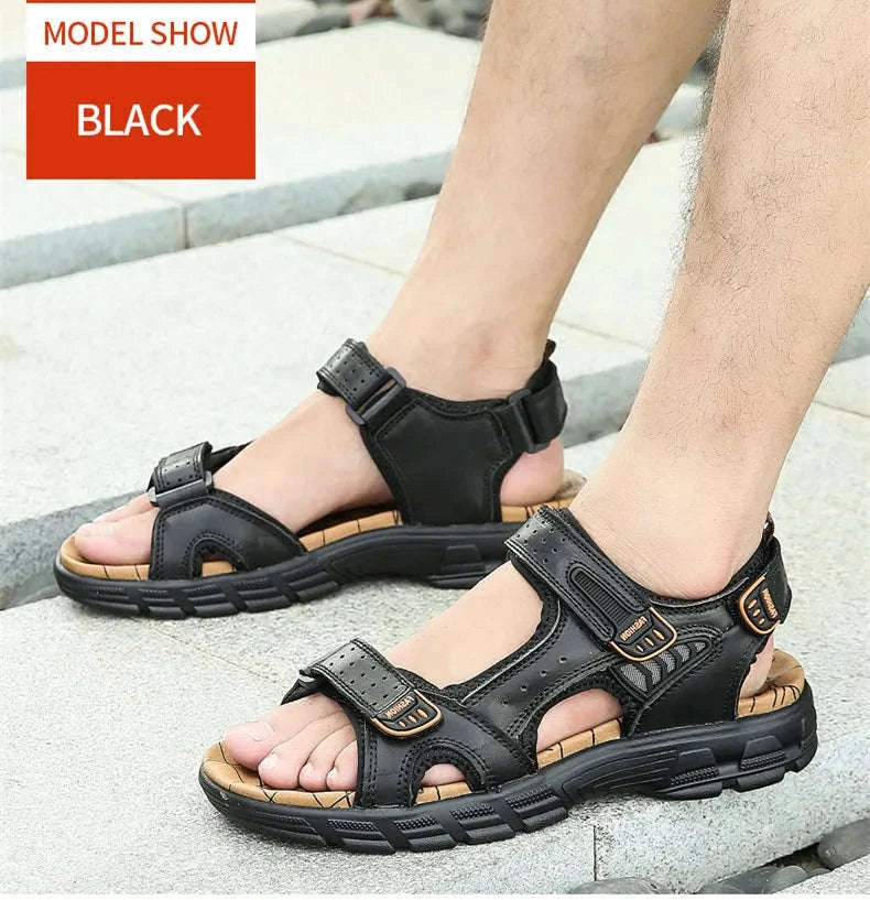Classic Men's Genuine Leather Gladiator Sandals-Black / 6.5