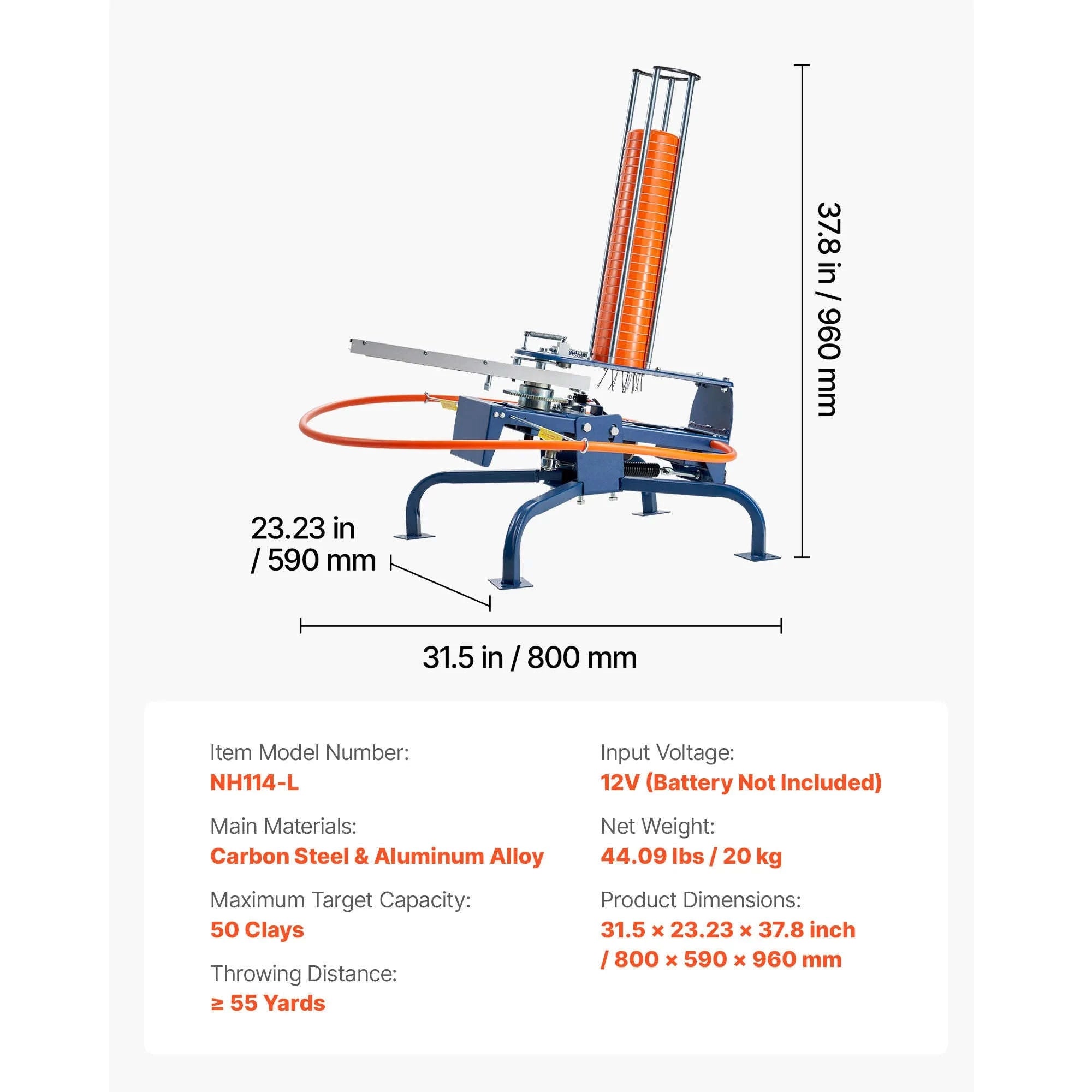 Clay Target Thrower with Adjustable Angle and Foot Pedal, 50-Target Capacity-50 Clays / United States