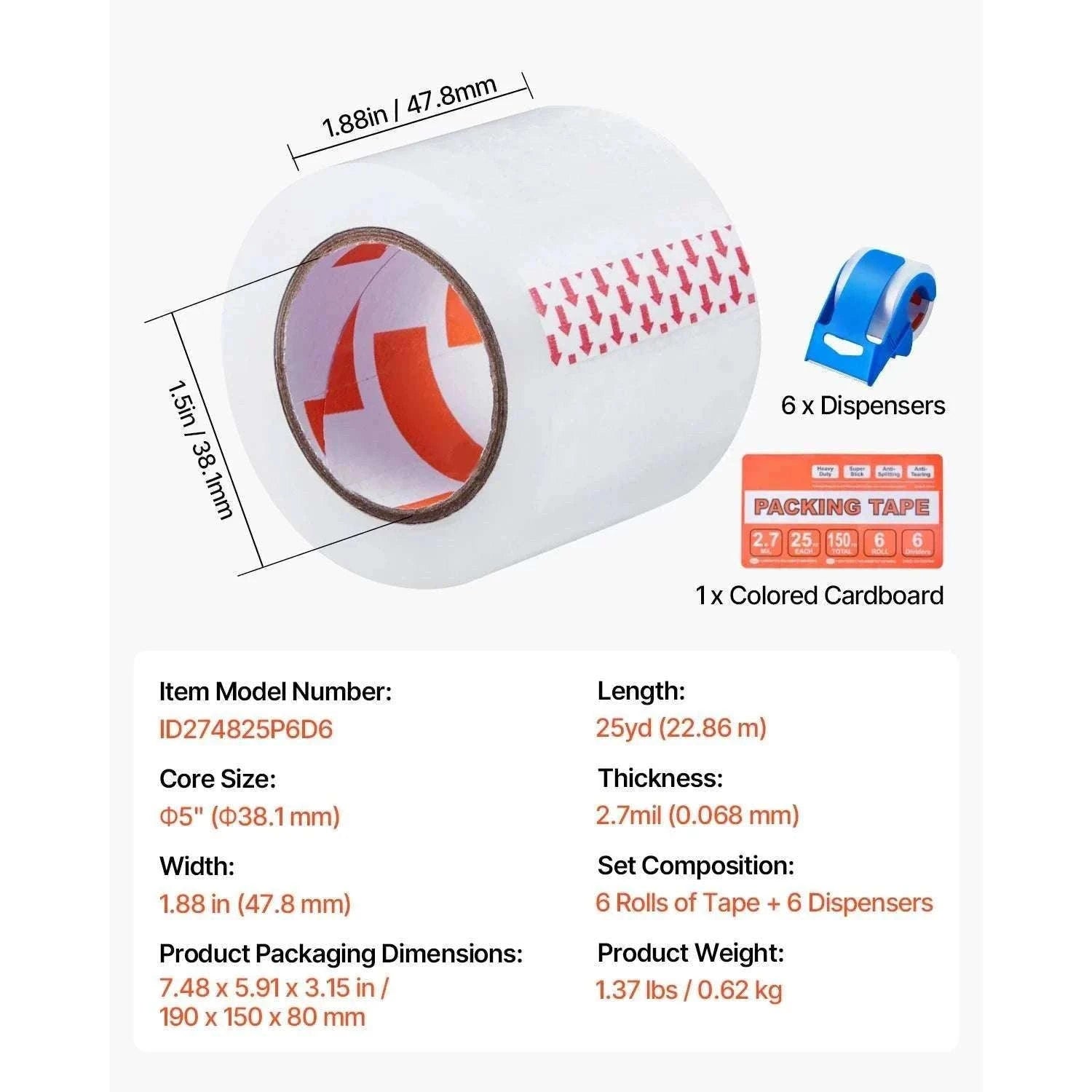 Clear Packing Tape 6 Rolls with Dispenser 2.7 Mil Heavy Duty-6pcs / United States