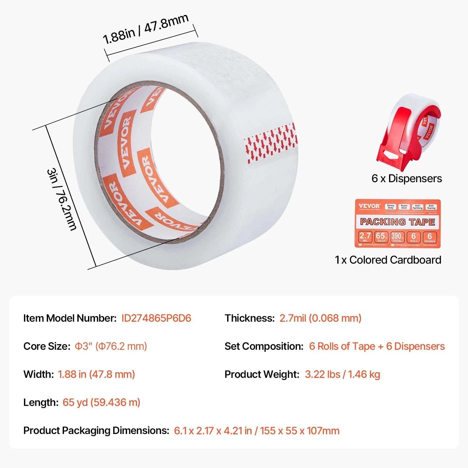 Clear Packing Tape Set with 6 Rolls & Dispensers for Shipping-6Rolls / United States