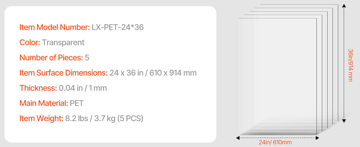 Clear PET Plastic Sheets 5-Pack 24 x 36 in 0.04 in Thick-24x36inch 5Pcs / United States