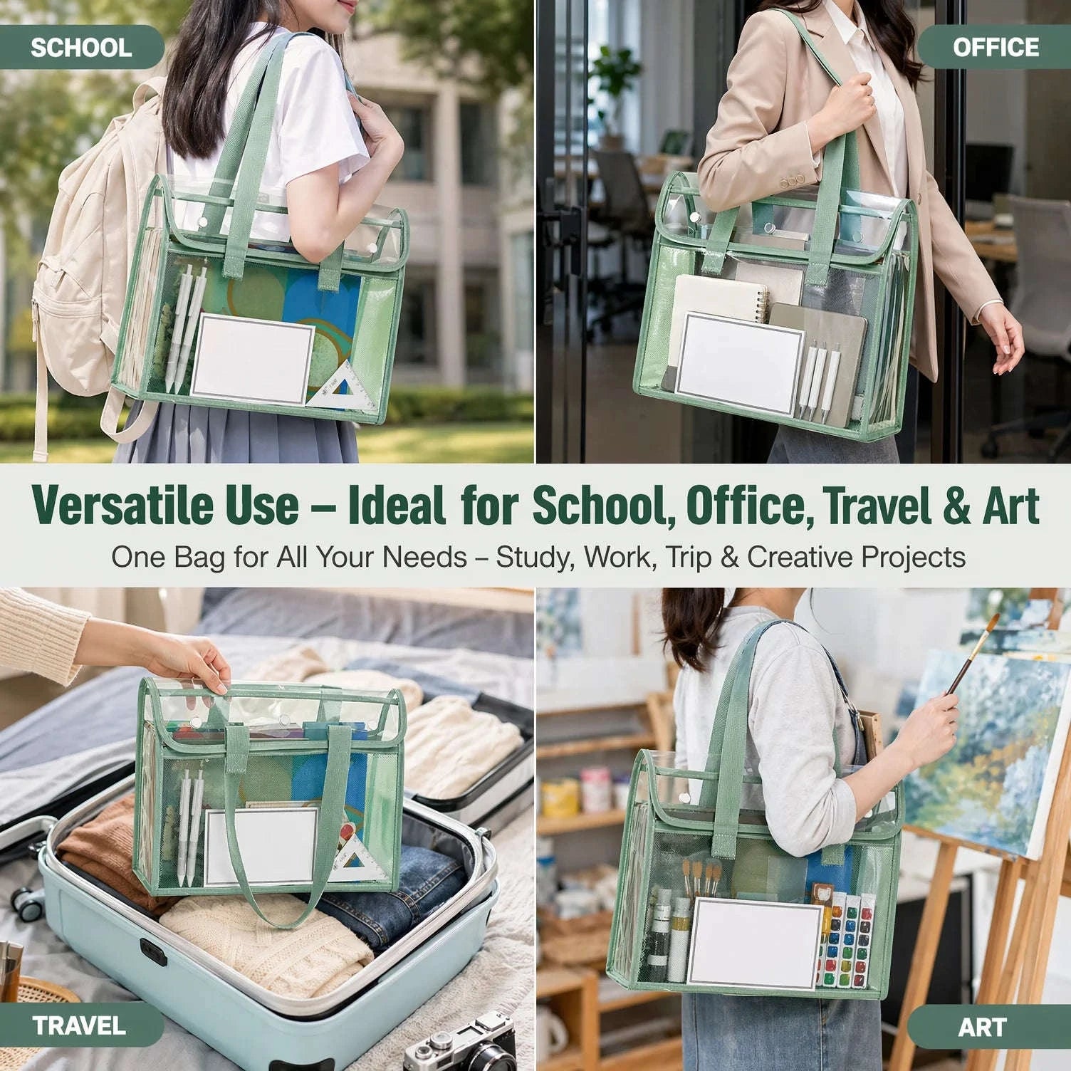 Clear PVC Tote Bag Large Capacity Waterproof with Reinforced Handle-green / United States