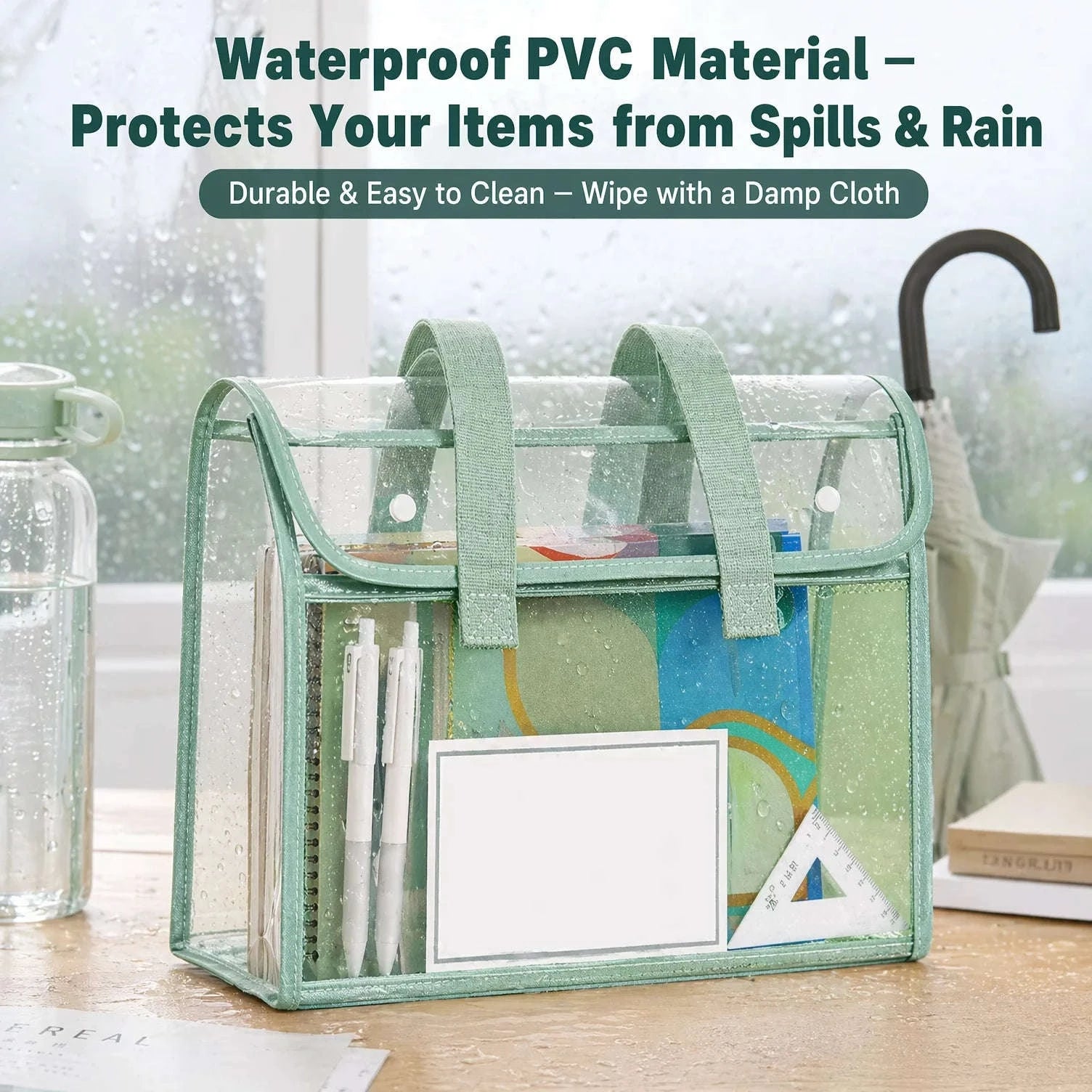 Clear PVC Tote Bag Large Capacity Waterproof with Reinforced Handle-green / United States