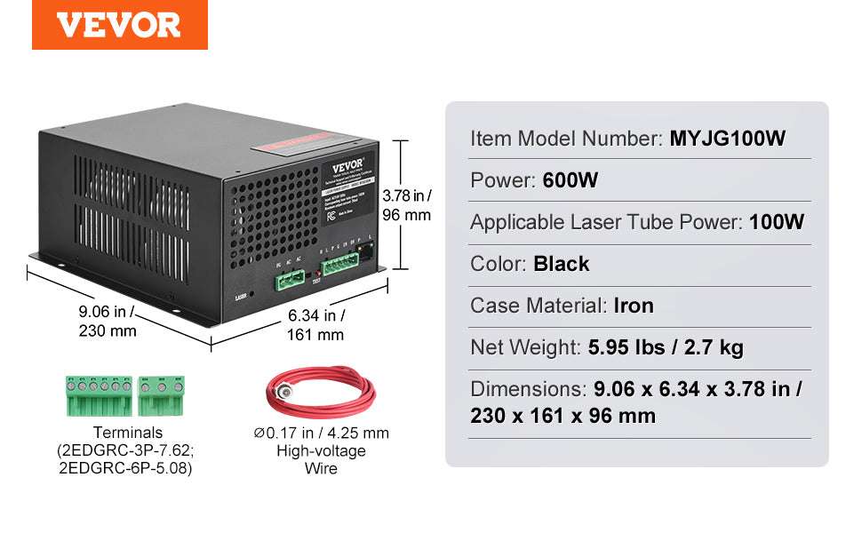 CO2 Laser Power Supply 40W–150W for Engravers & Cutters 110V-100W Black / United States