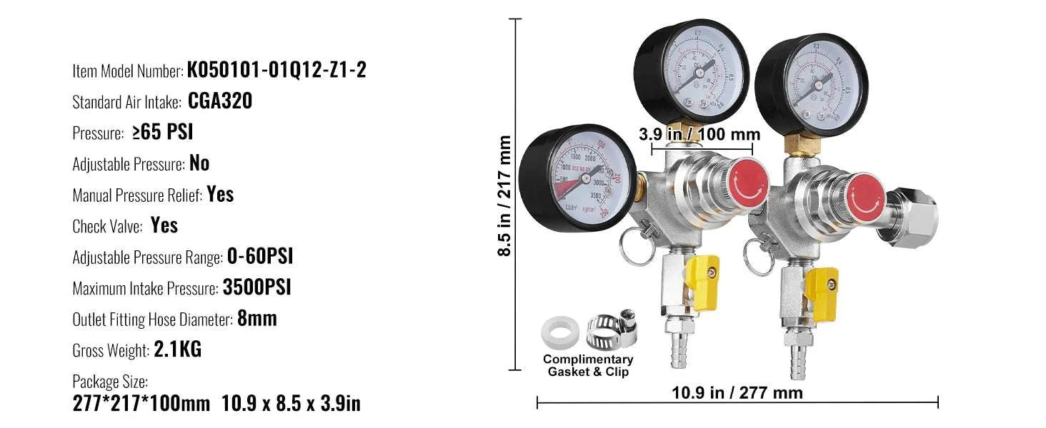 CO2 Regulator with Dual Gauges & Check Valve for Beer Kegs CGA320-United States