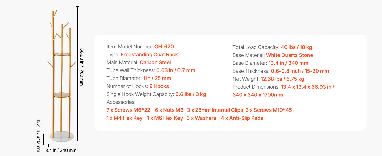 Freestanding Coat Rack with Quartz Base and 9 Hooks Stand