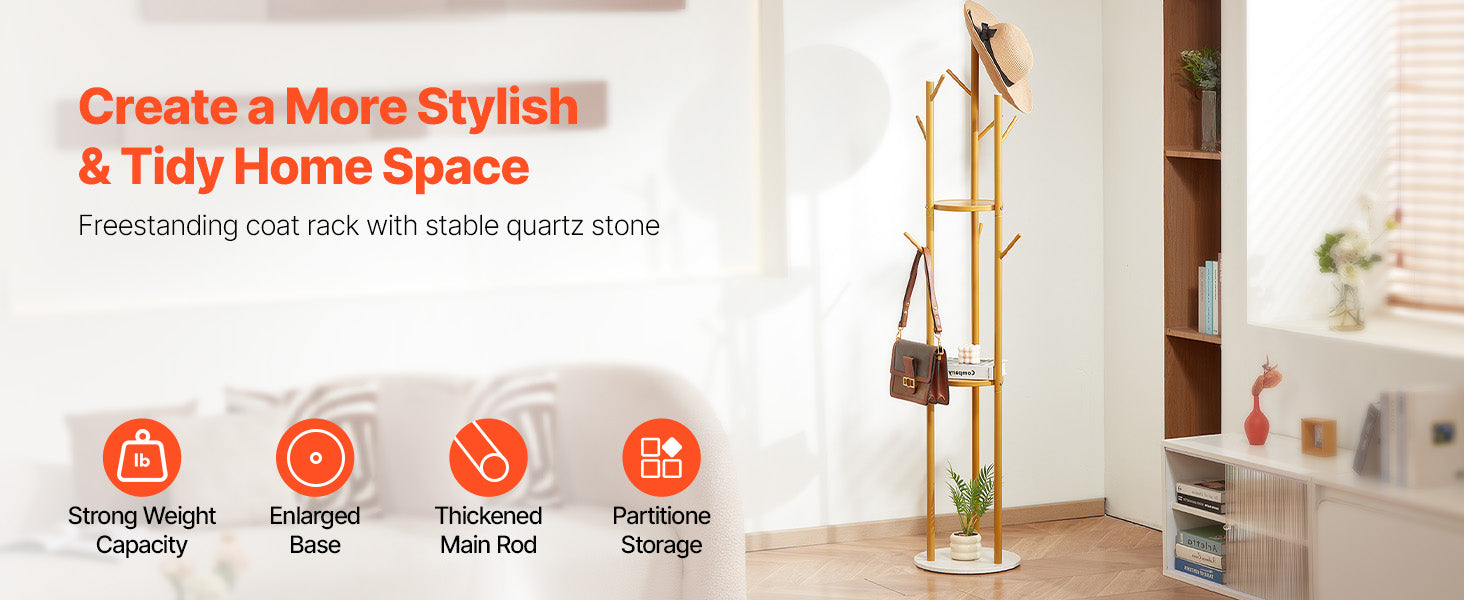 Freestanding Coat Rack with Quartz Base and 9 Hooks Stand