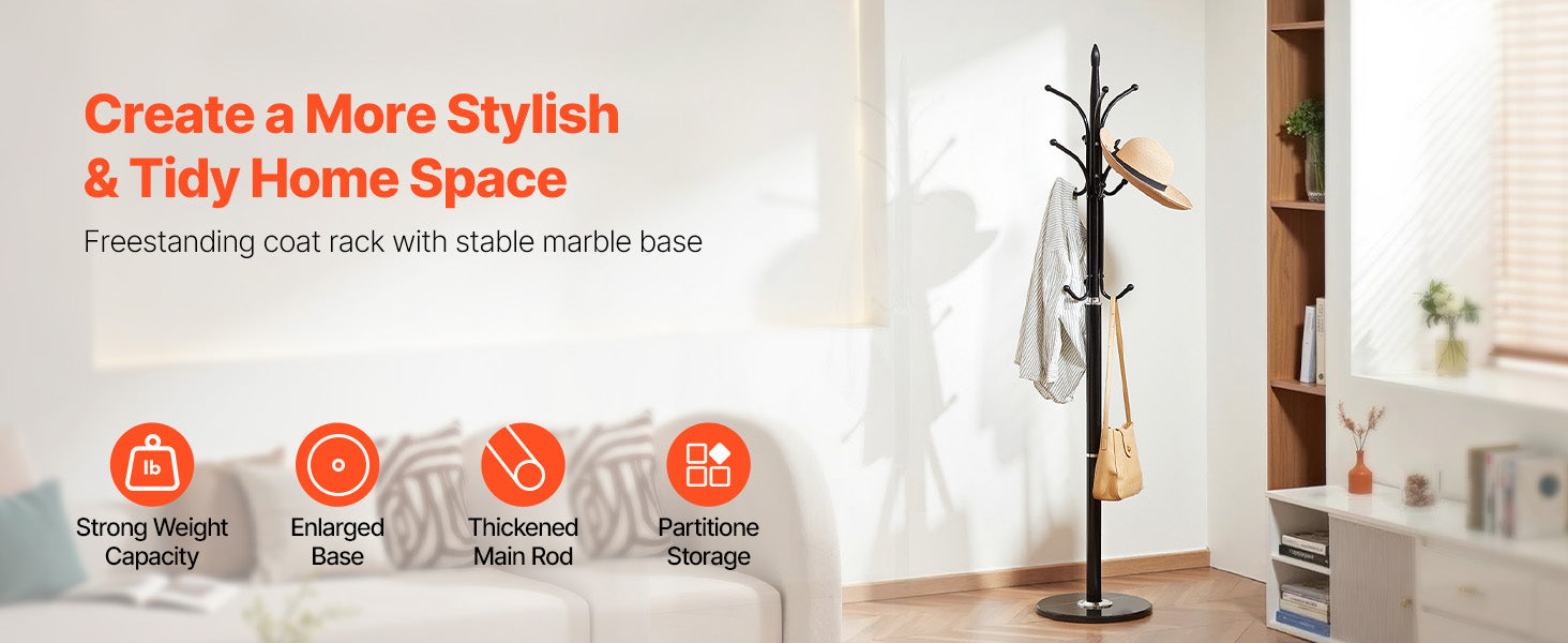 Freestanding Coat Rack with Marble Base & 6 Hooks Stand
