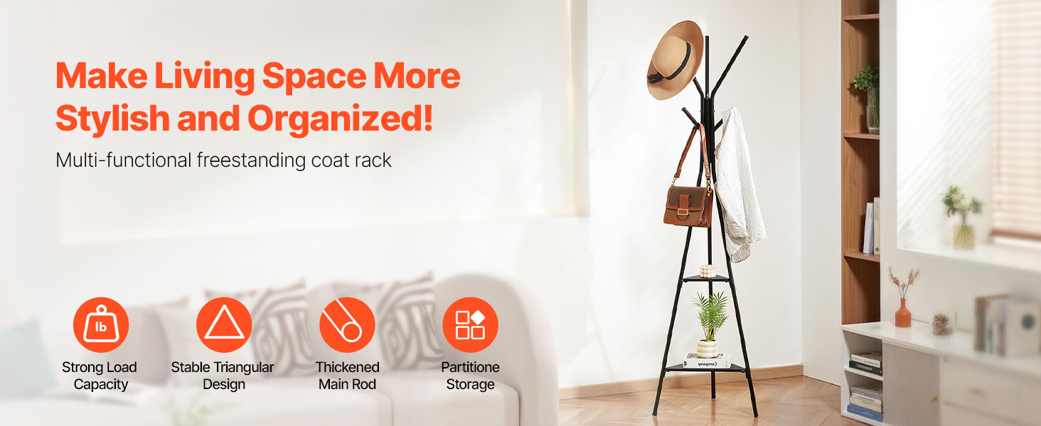 Freestanding Coat Rack with Shelves and Hooks for Entryway Storage