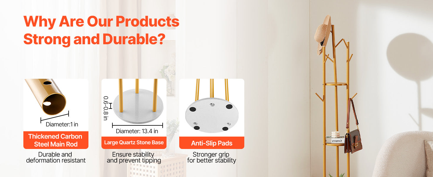 Freestanding Coat Rack with Quartz Base and 9 Hooks Stand
