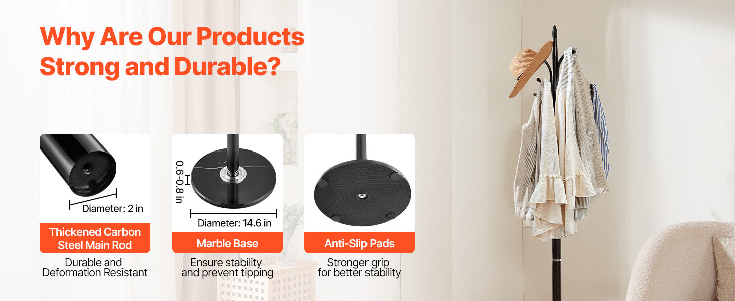 Freestanding Coat Rack with Marble Base & 6 Hooks Stand