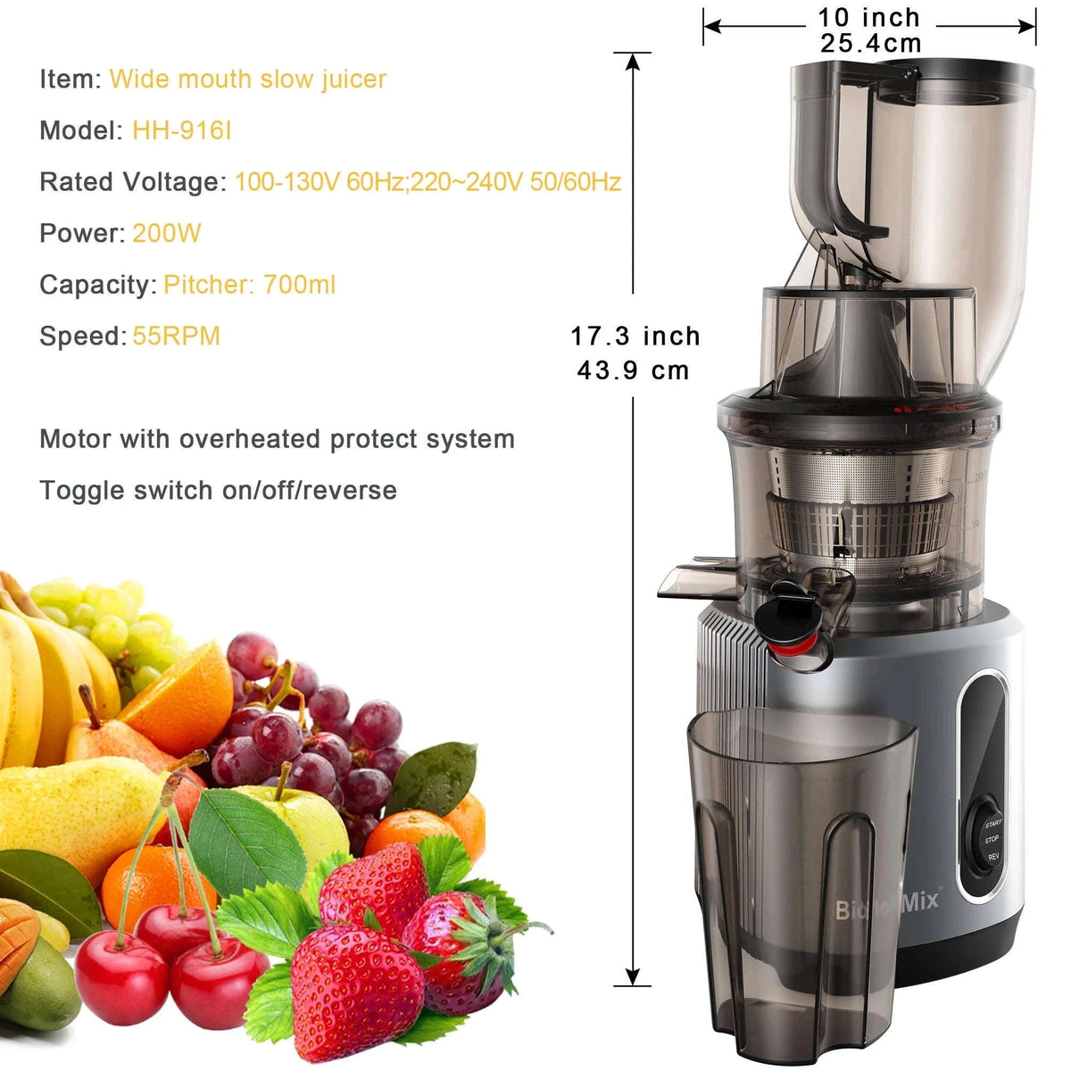 Cold Press Juicer with 75mm Feed Chute and 200W Motor-HH-916I / france / EU