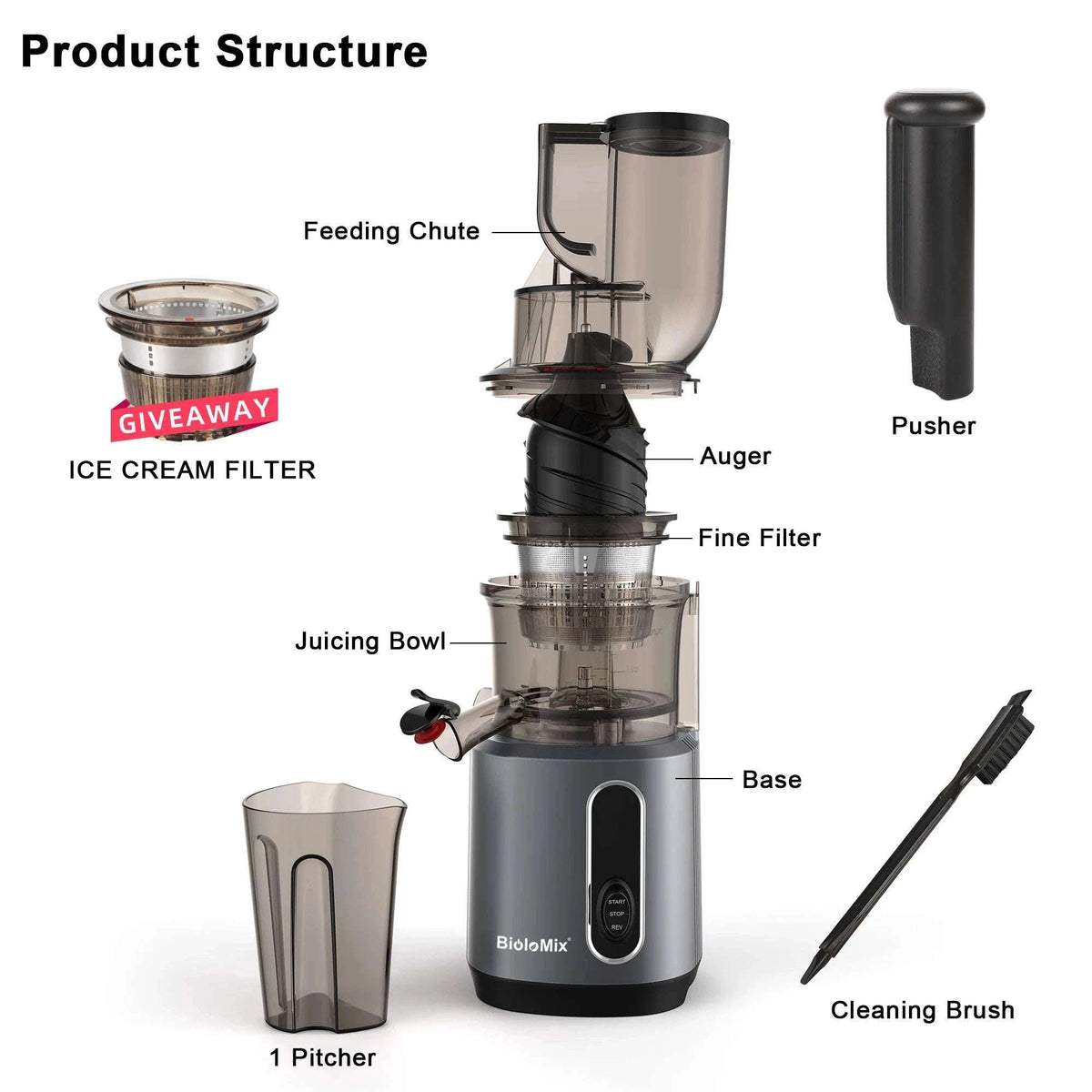 Cold Press Juicer with 75mm Feed Chute and 200W Motor-HH-916I / france / EU