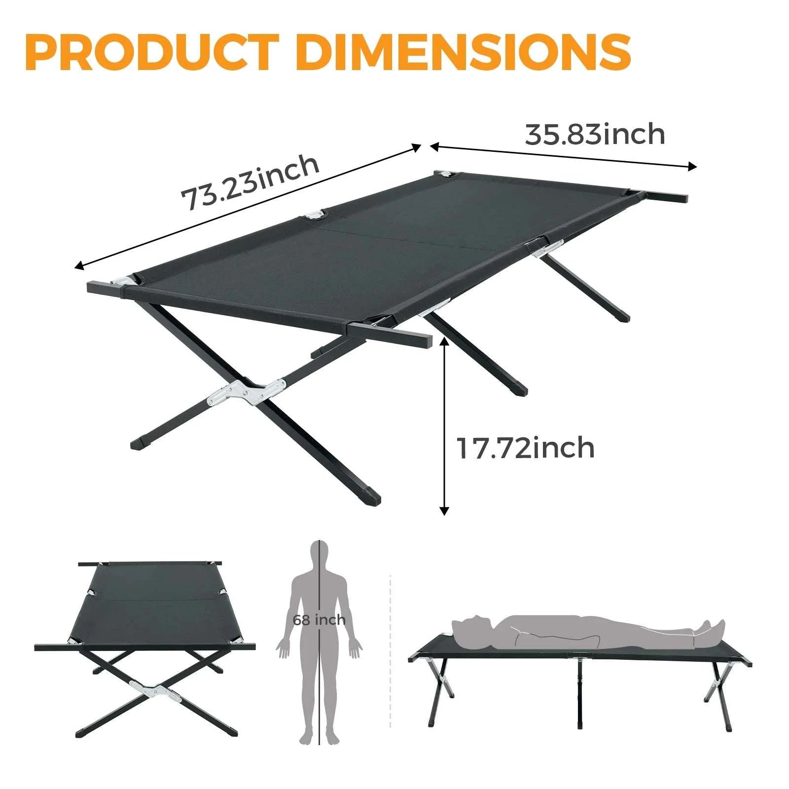 Collapsible Camping Cot 73" x 36" Folding Outdoor Lounger Bed-black / United States