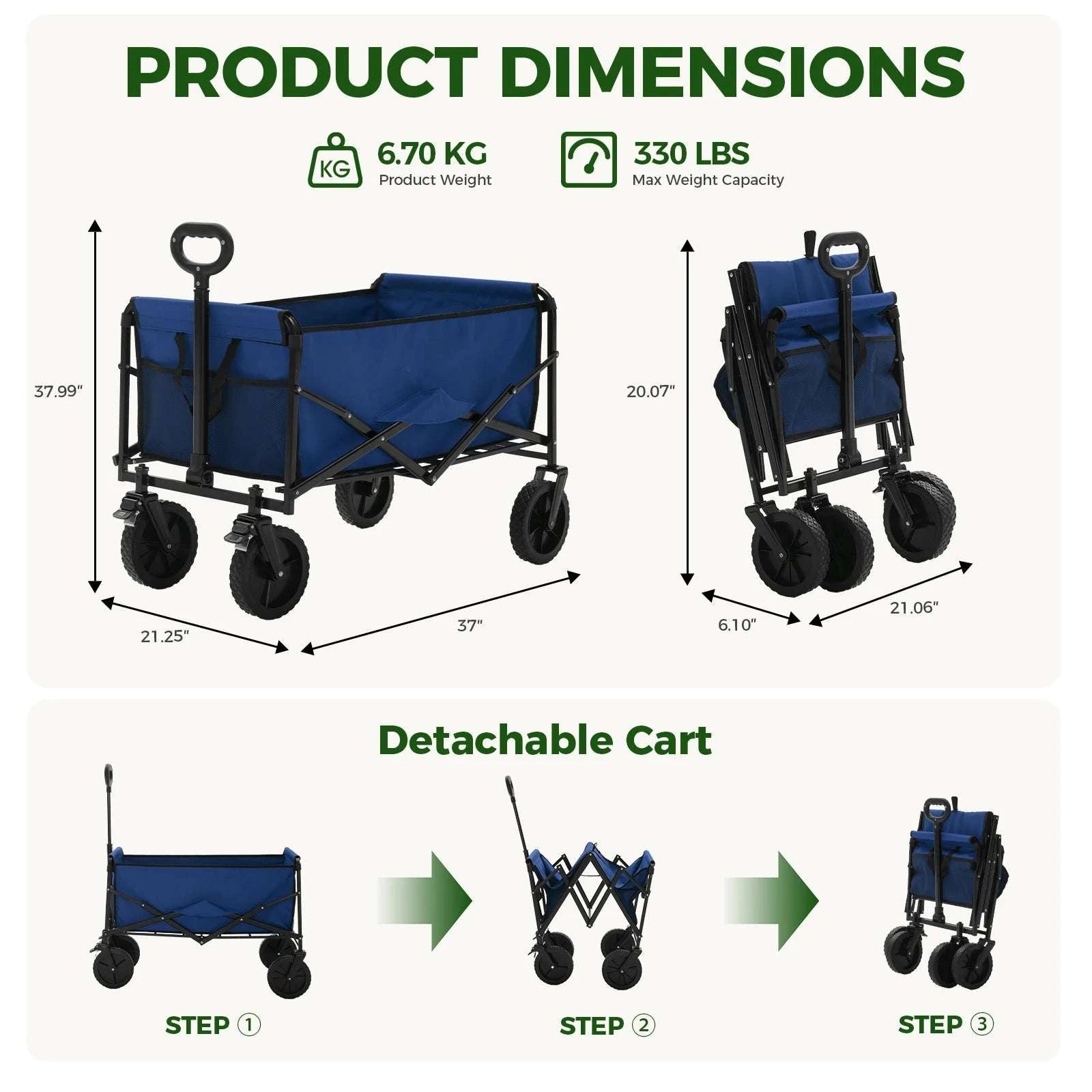 Collapsible Folding Wagon Cart with Wheels, 220 lbs Capacity-Blue / United States