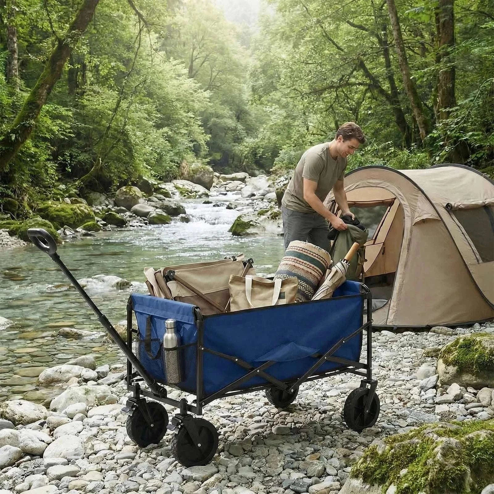 Collapsible Folding Wagon Cart with Wheels, 220 lbs Capacity-Blue / United States