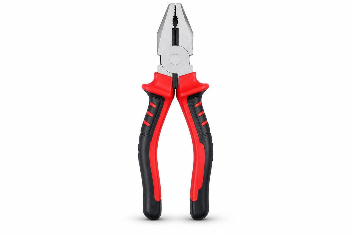 Red and black combination pliers on white background