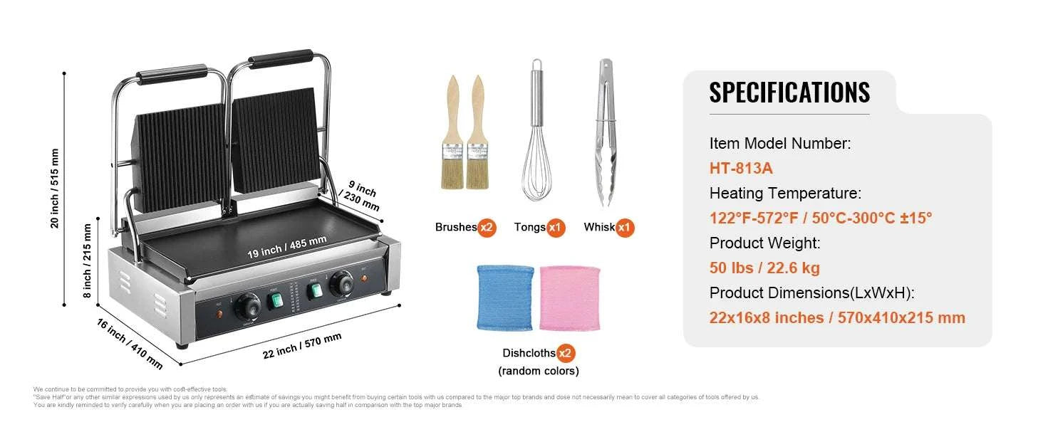Commercial 3600W Panini Grill with Temp Control and 19x9 Surface-3600W 19x9in / United States