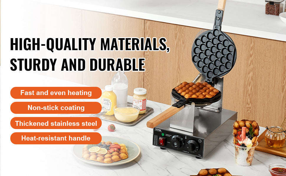 Commercial Bubble Waffle Maker 1400W Non-Stick Stainless Steel with 180° Rotating Plates-Germany