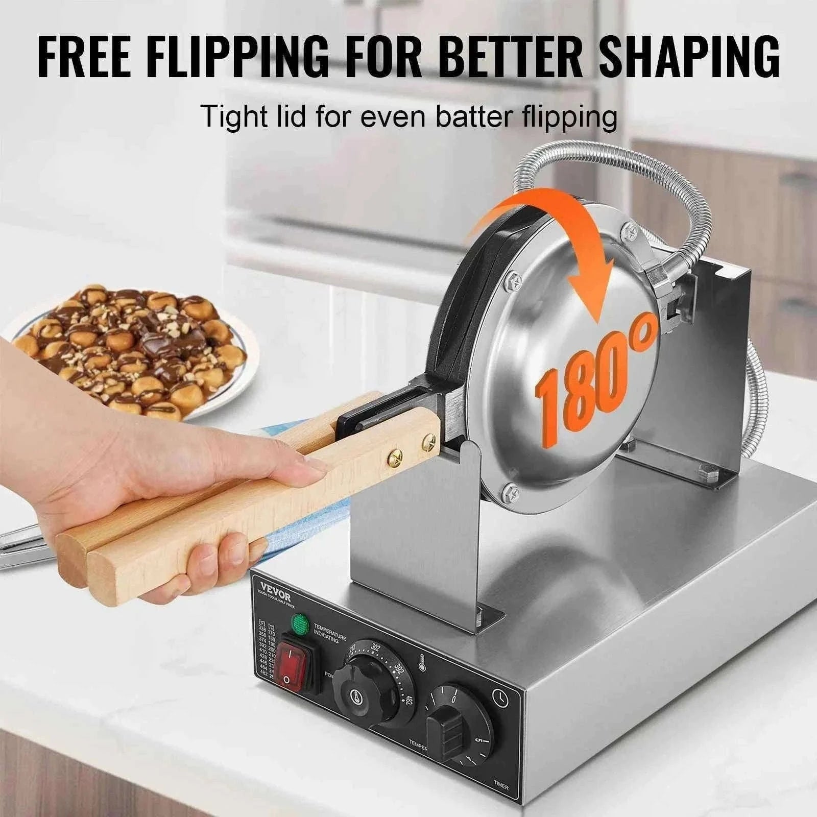 Commercial Bubble Waffle Maker 1400W Non-Stick Stainless Steel with 180° Rotating Plates-Germany