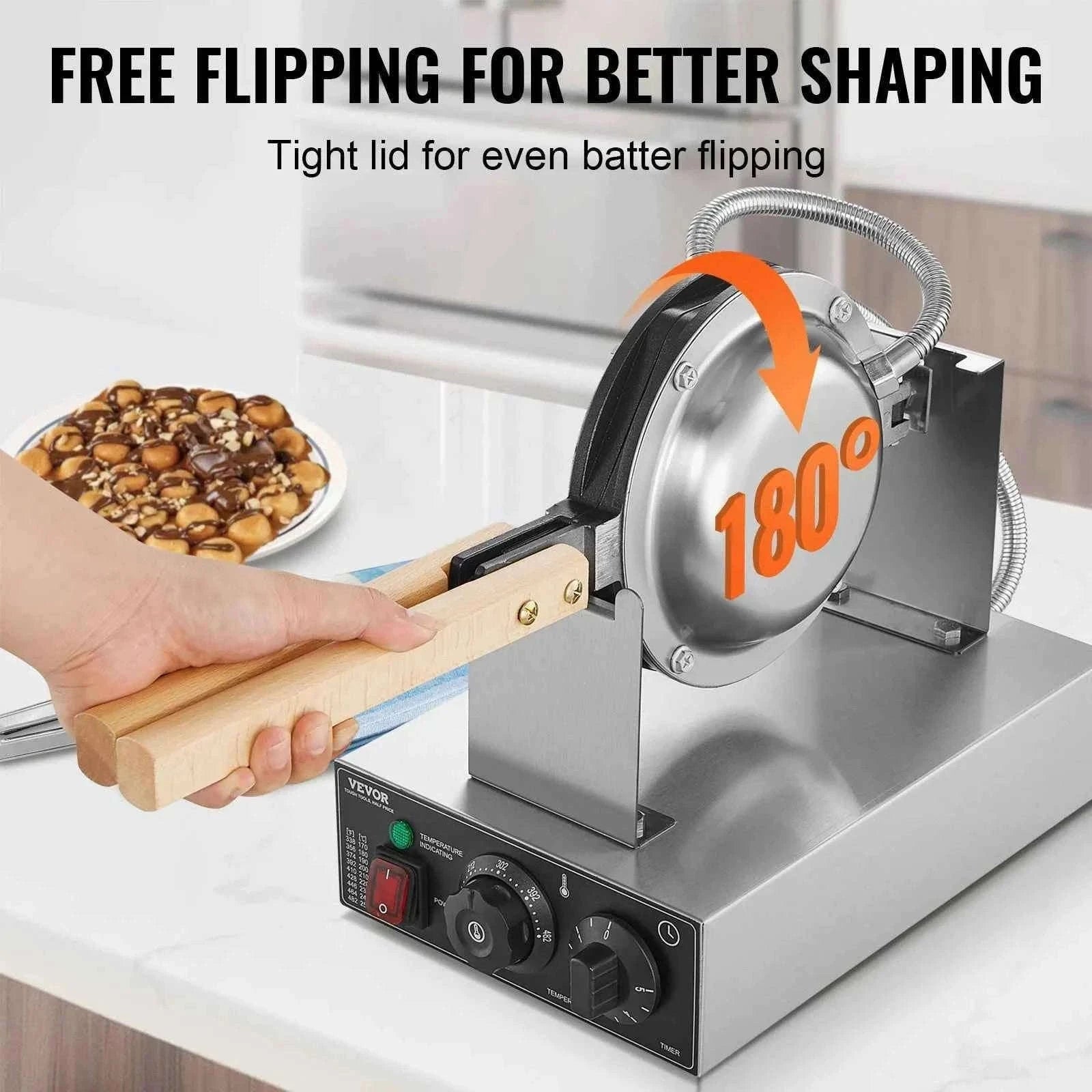 Commercial Bubble Waffle Maker 1400W Non-Stick Stainless Steel with 180° Rotating Plates-Germany